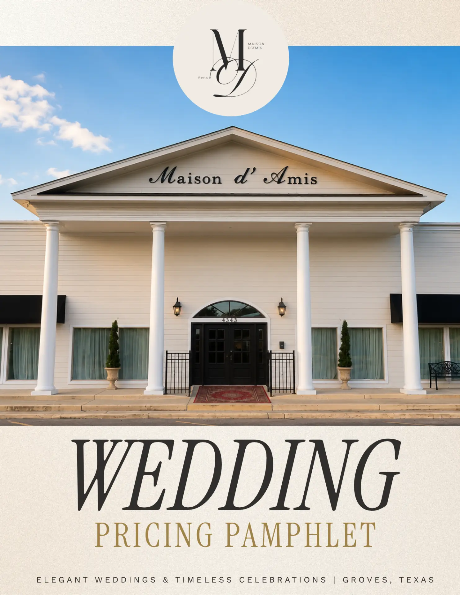 Maison D'Amis Venue Wedding Pricing Pamphlet cover — the venue entrance with white columns